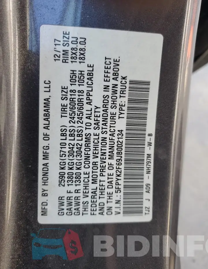 5FPYK2F69JB002134 Photo# 12