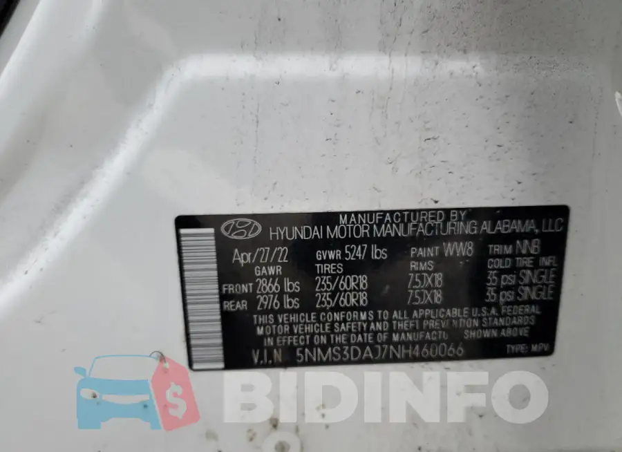 5NMS3DAJ7NH460066 Photo# 13