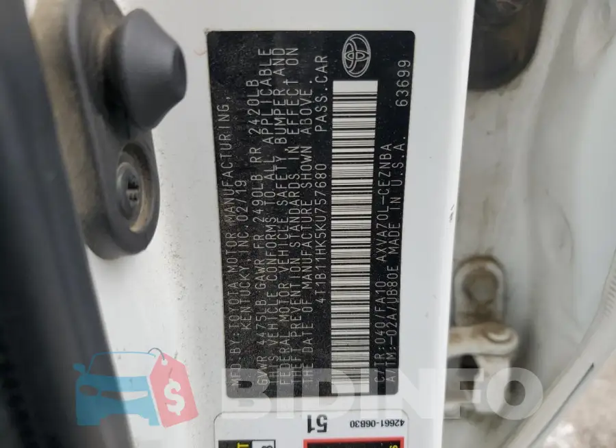 4T1B11HK5KU757680 Photo# 13