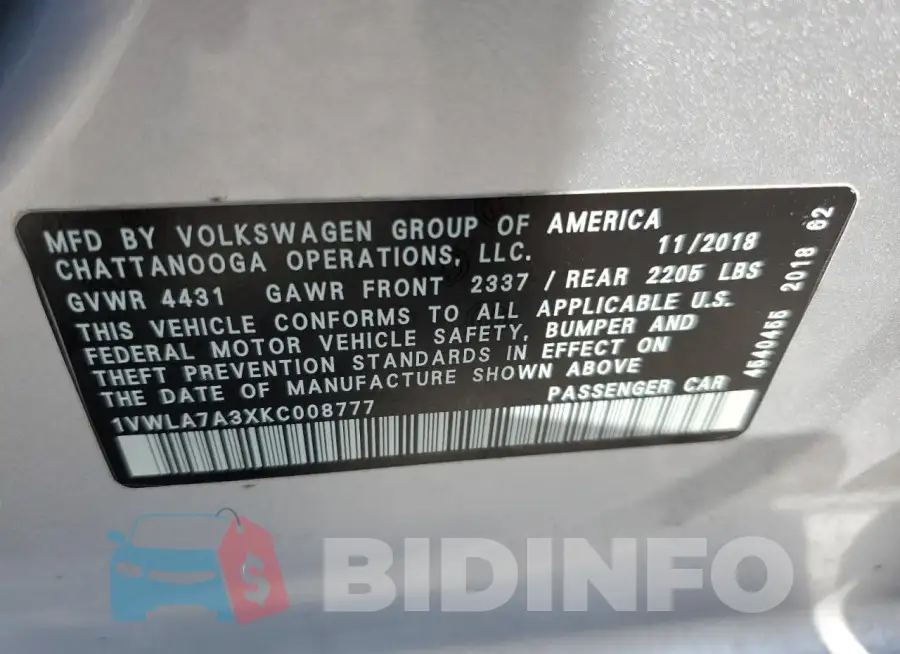 1VWLA7A3XKC008777 Photo# 13