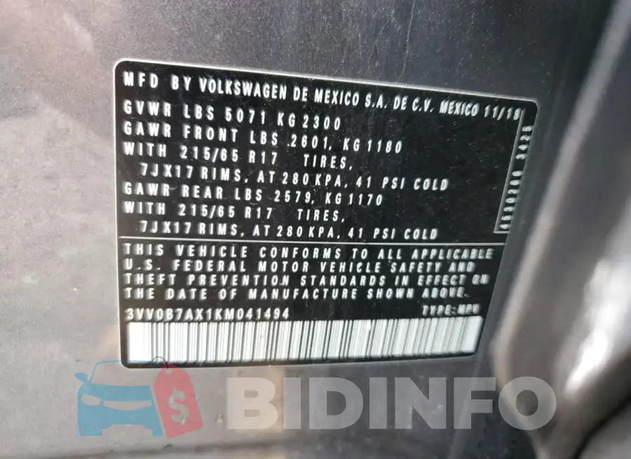 3VV0B7AX1KM041494 Photo# 13