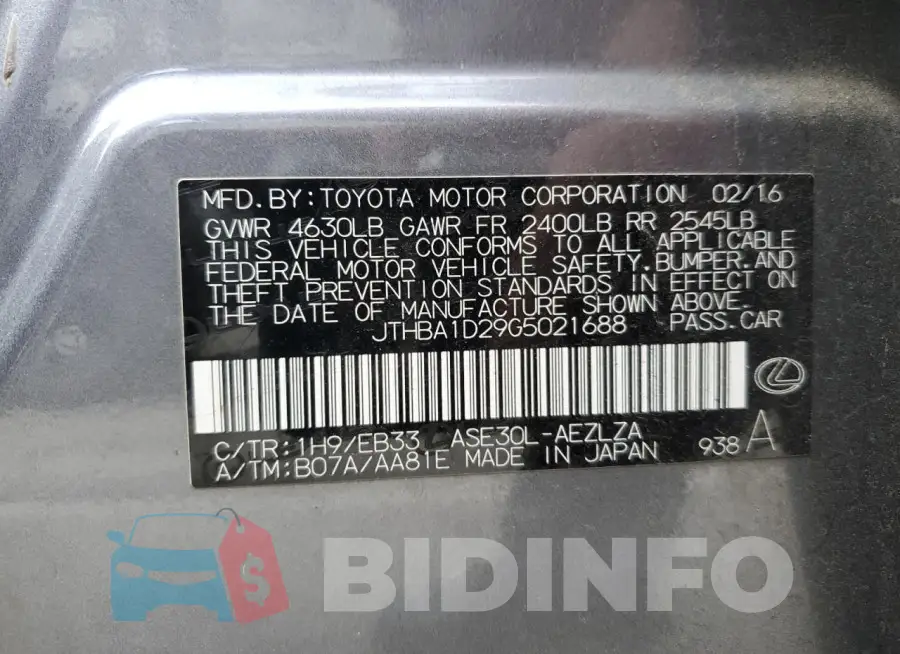 JTHBA1D29G5021688 Photo# 13