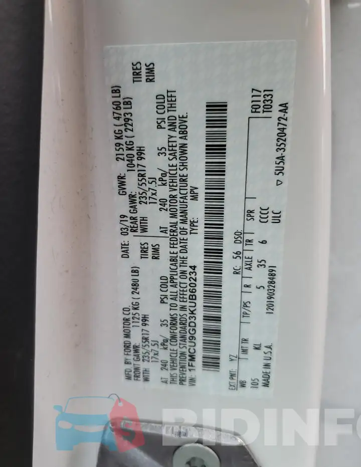 1FMCU9GD3KUB60234 Photo# 13