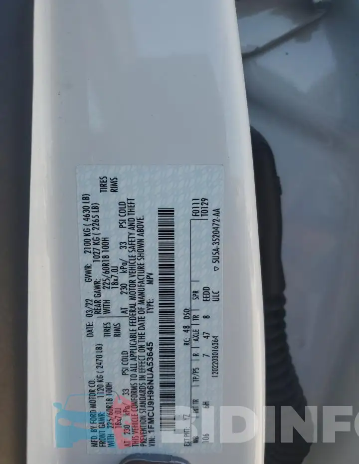 1FMCU9H96NUA53645 Photo# 13