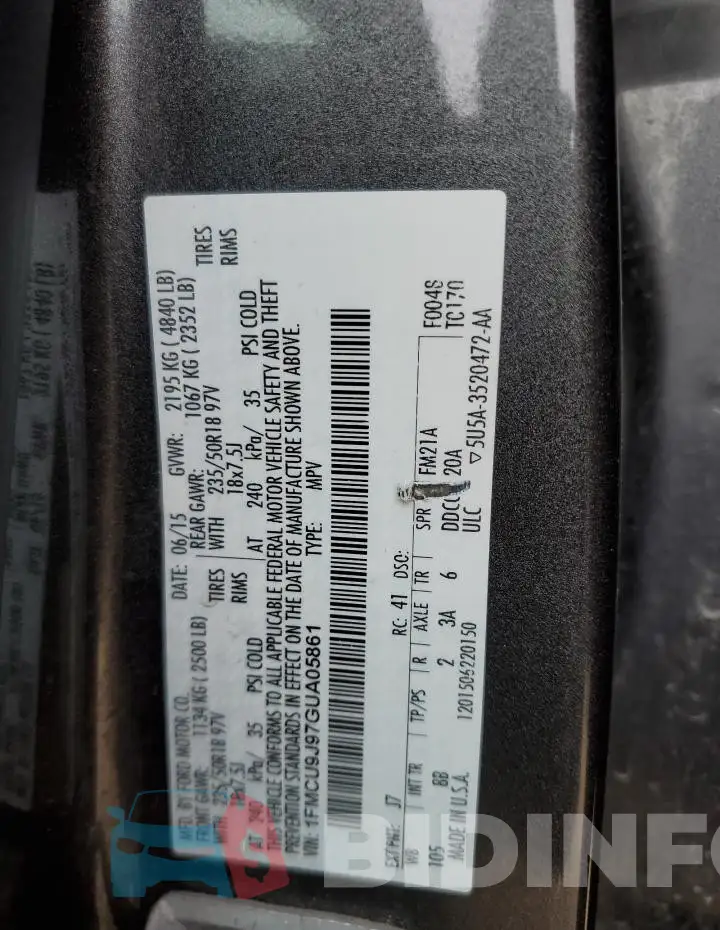 1FMCU9J97GUA05861 Photo# 14