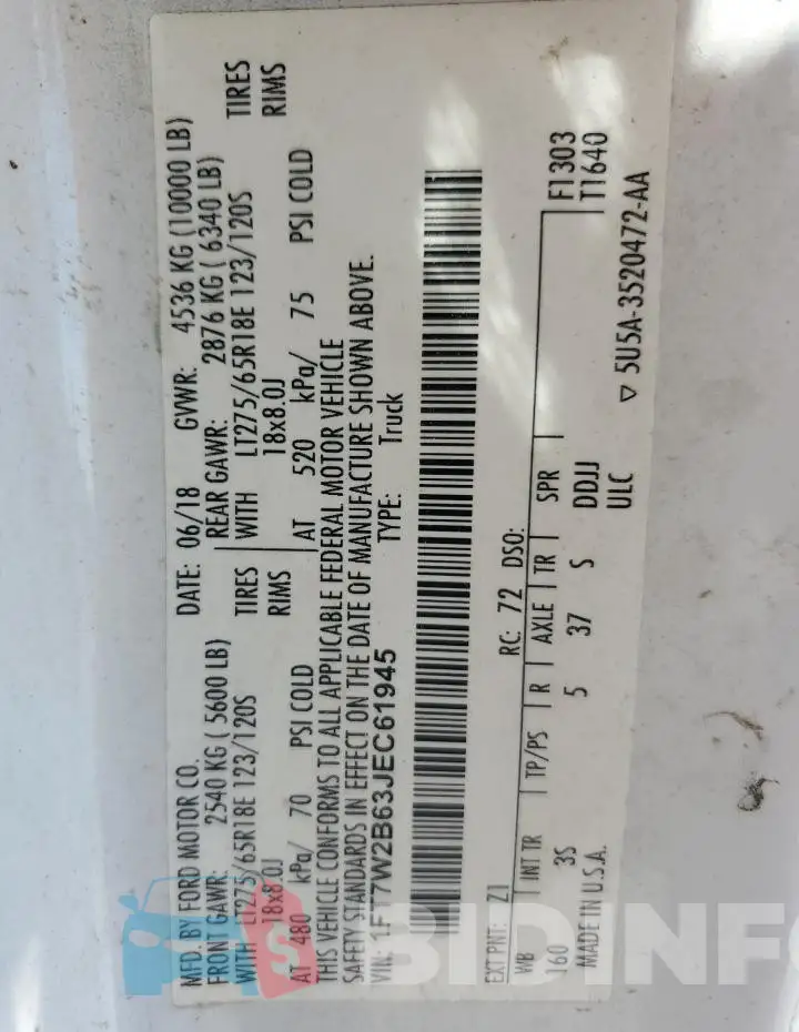 1FT7W2B63JEC61945 Photo# 12
