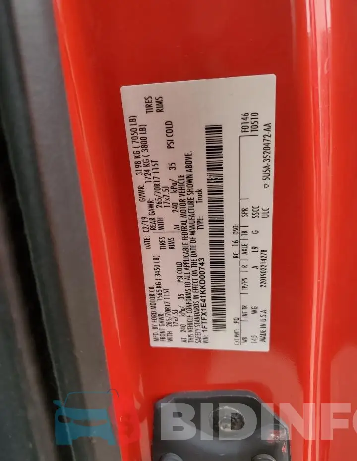 1FTFX1E41KKD00743 Photo# 12