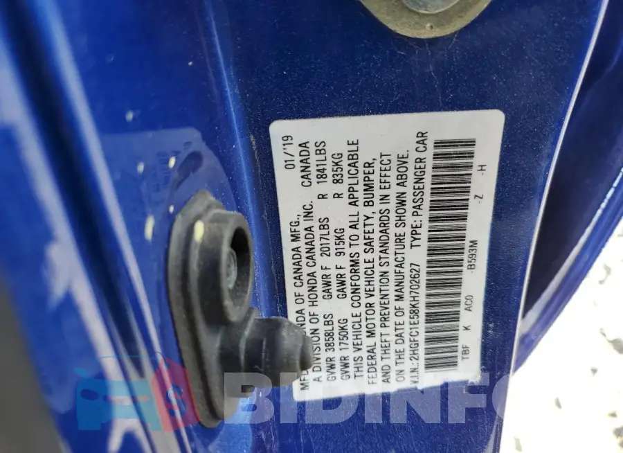 2HGFC1E58KH702627 Photo# 13