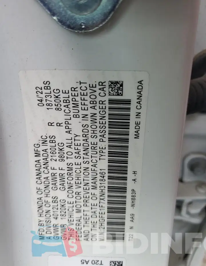 2HGFE1F7XNH318461 Photo# 12