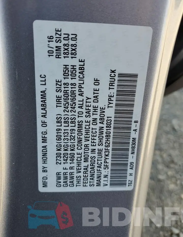 5FPYK3F62HB018031 Photo# 13