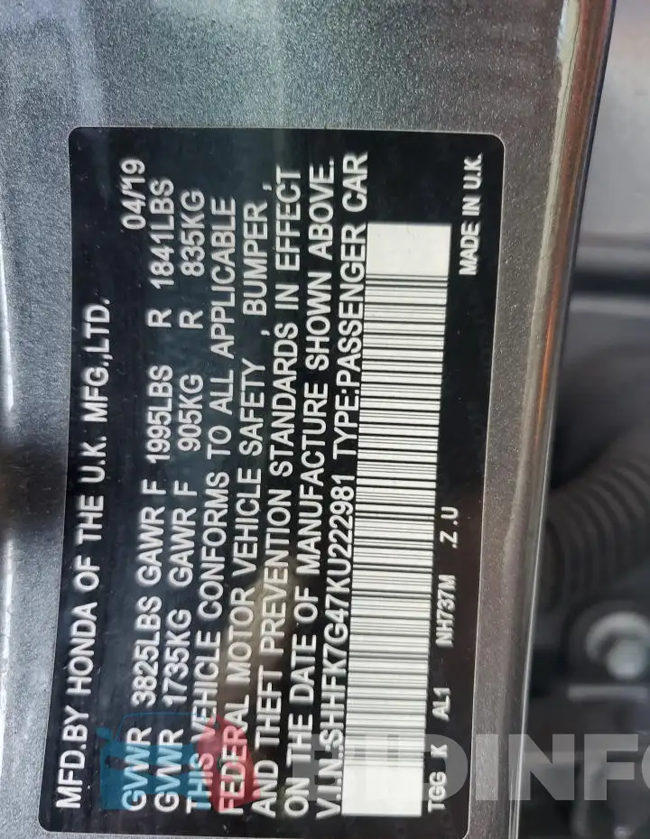 SHHFK7G47KU222981 Photo# 12