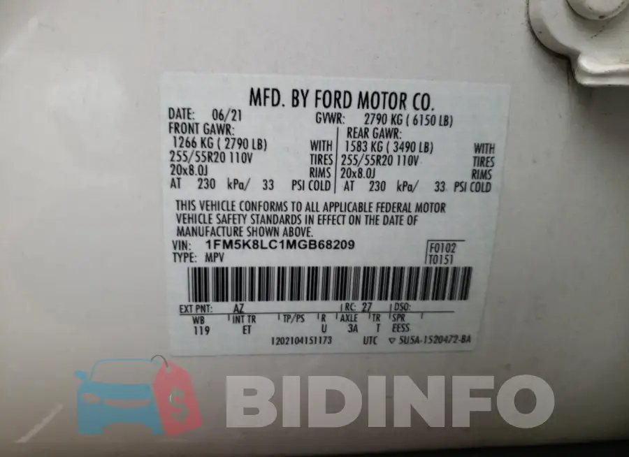 1FM5K8LC1MGB68209 Photo# 14