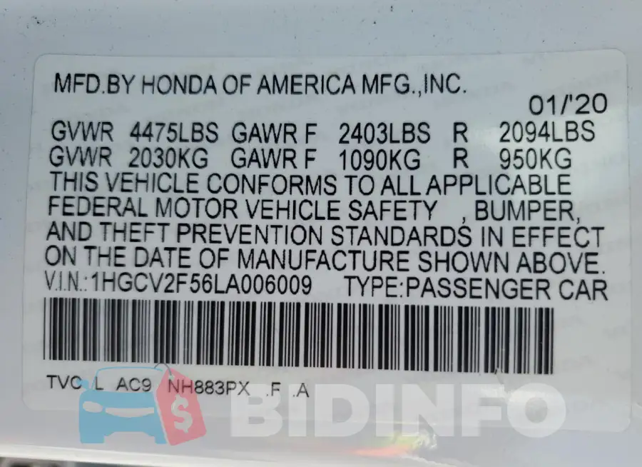 1HGCV2F56LA006009 Photo# 13