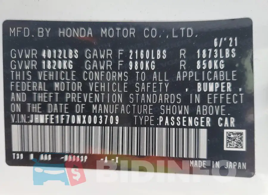 JHMFE1F70NX003709 Photo# 13