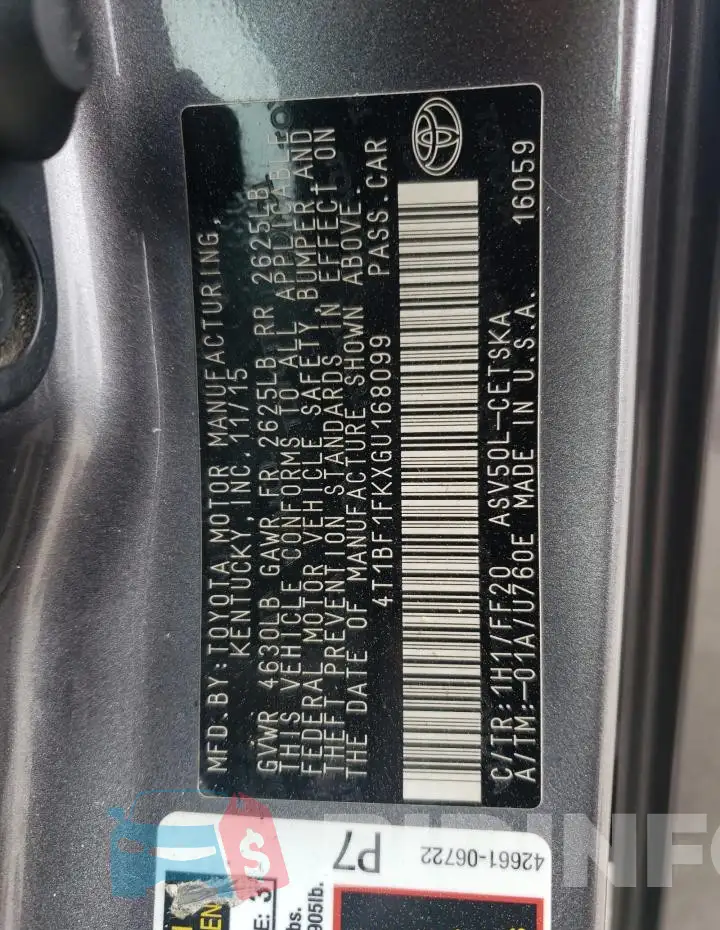 4T1BF1FKXGU168099 Photo# 12