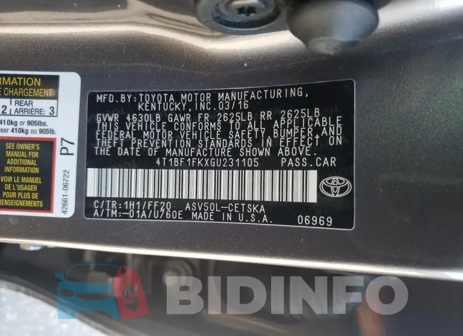4T1BF1FKXGU231105 Photo# 12