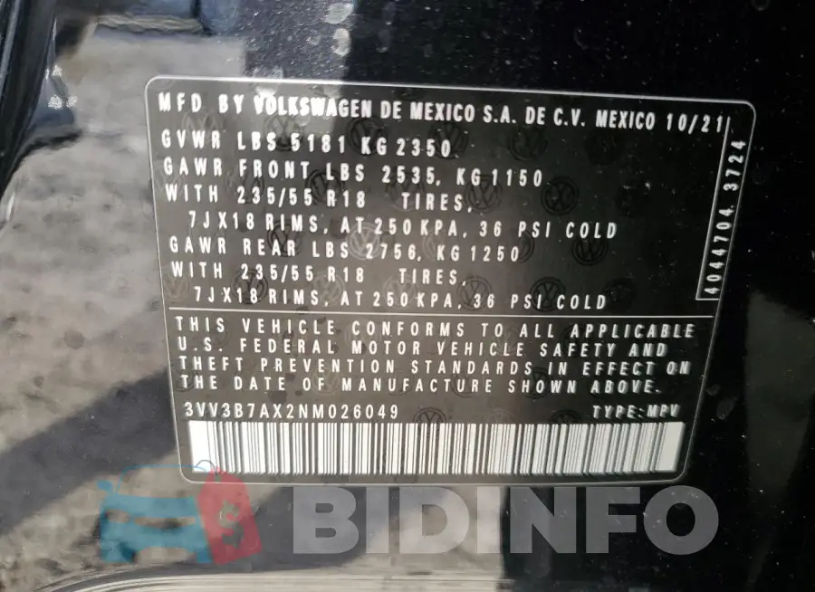 3VV3B7AX2NM026049 Photo# 13