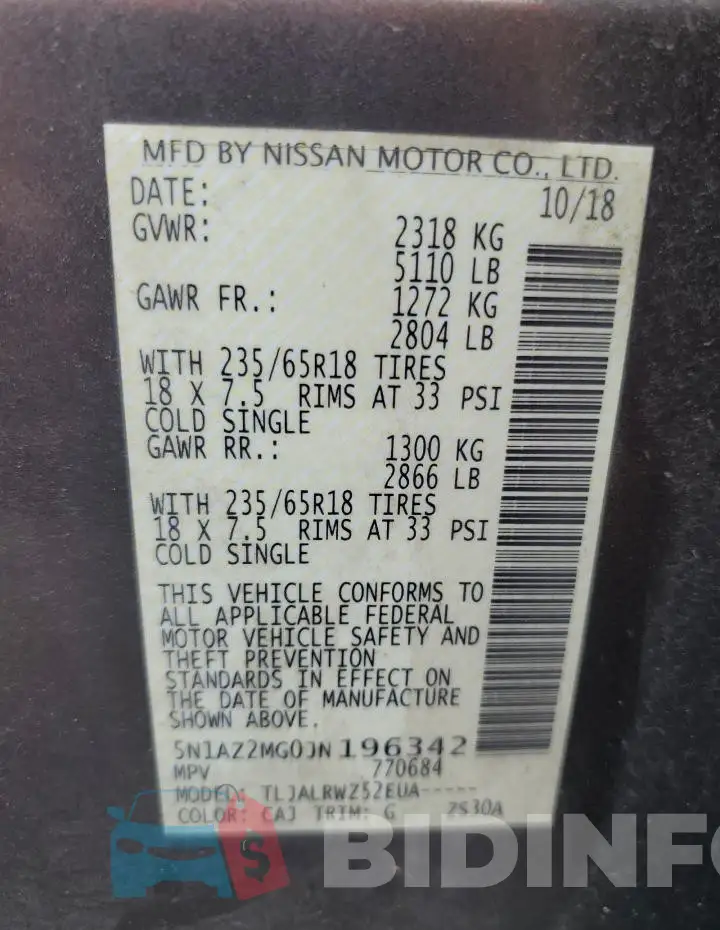 5N1AZ2MG0JN196342 Photo# 13