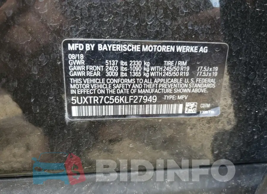 5UXTR7C56KLF27949 Photo# 13