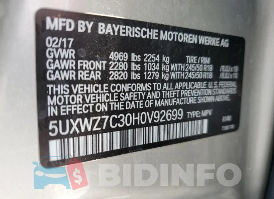 5UXWZ7C30H0V92699 Photo# 13