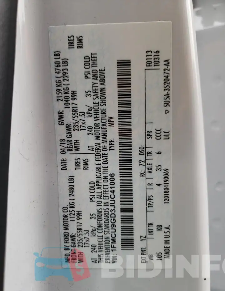 1FMCU9GD3JUC41006 Photo# 13