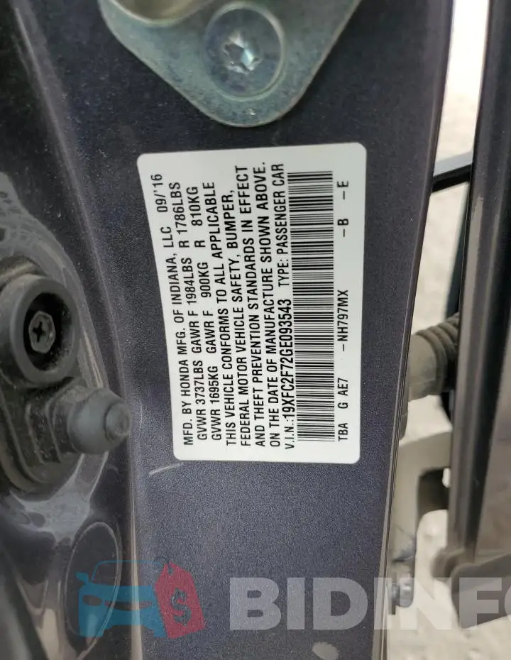 19XFC2F72GE093543 Photo# 13