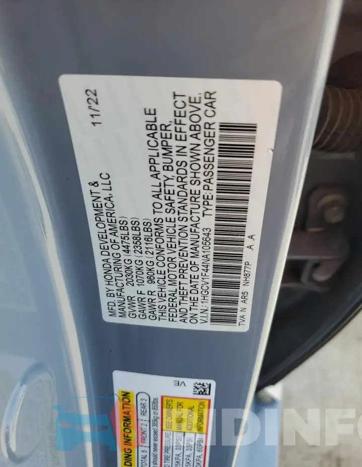 1HGCV1F44NA105643 Photo# 12