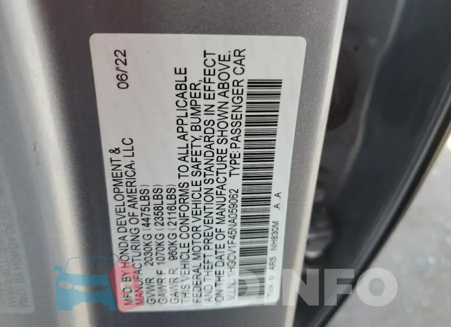 1HGCV1F45NA059062 Photo# 12