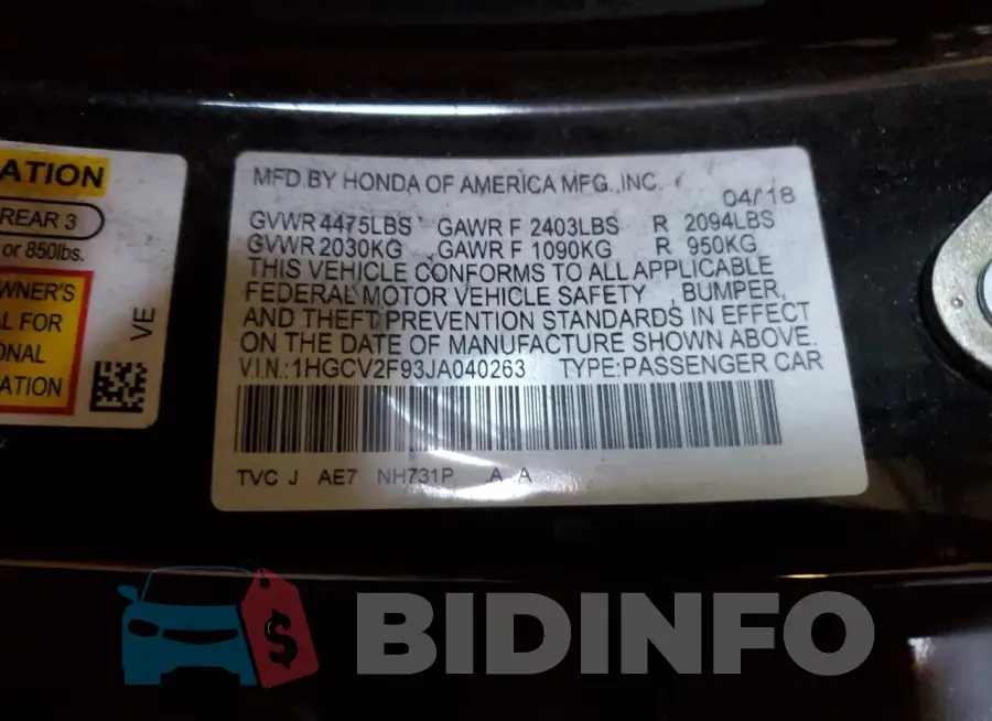 1HGCV2F93JA040263 Photo# 12