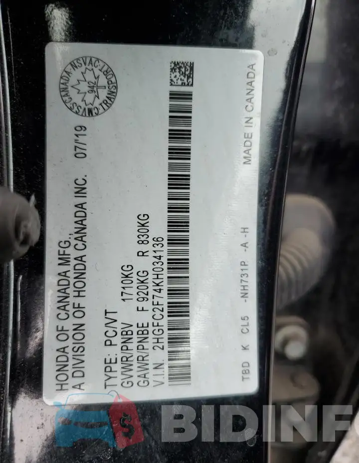 2HGFC2F74KH034136 Photo# 13