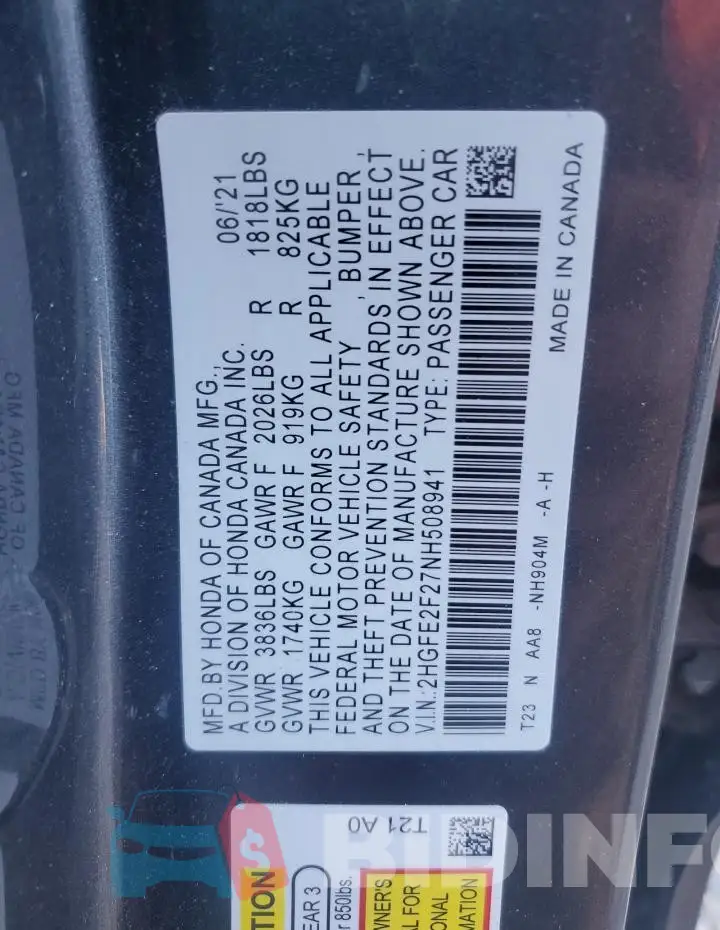 2HGFE2F27NH508941 Photo# 12