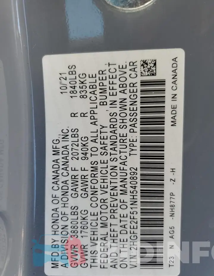 2HGFE2F51NH540892 Photo# 12