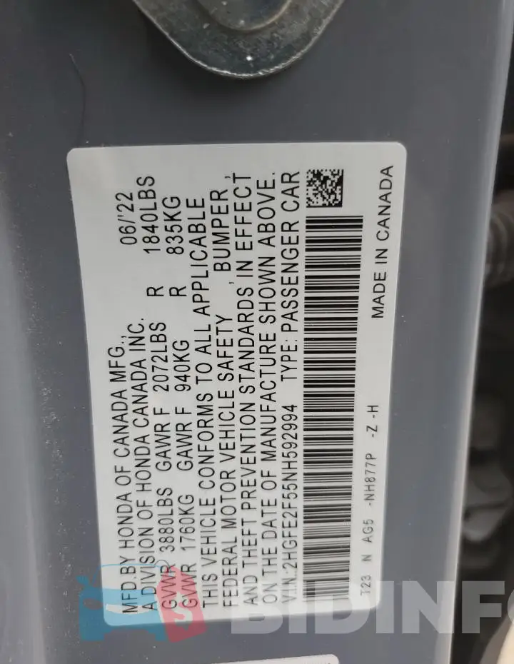 2HGFE2F55NH592994 Photo# 12