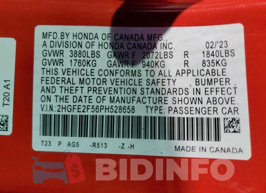 2HGFE2F56PH528658 Photo# 13