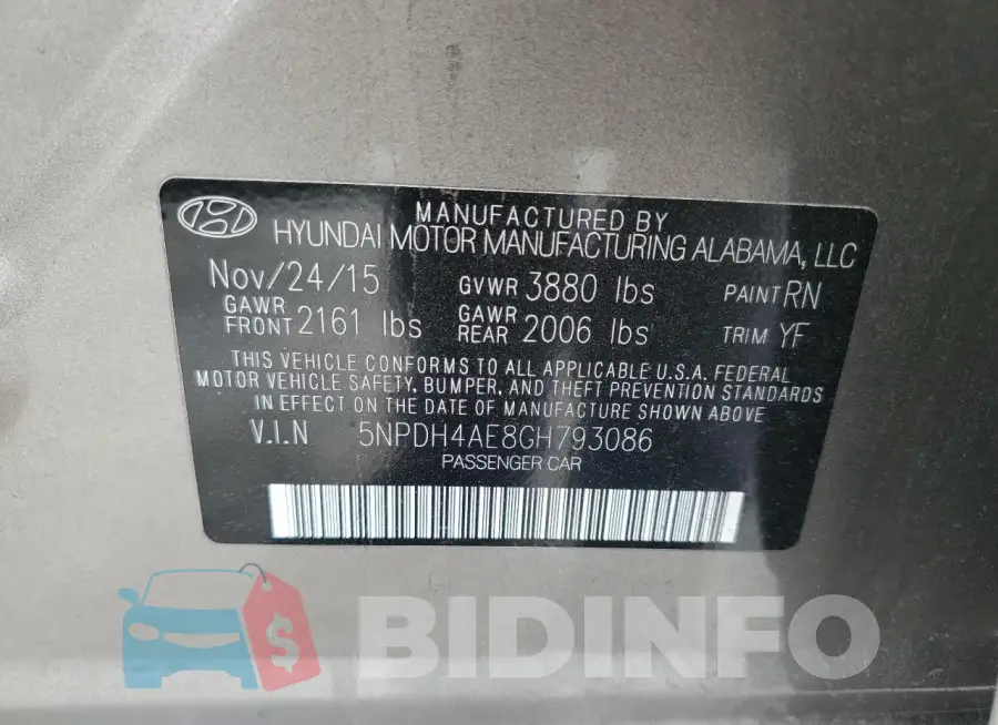 5NPDH4AE8GH793086 Photo# 12