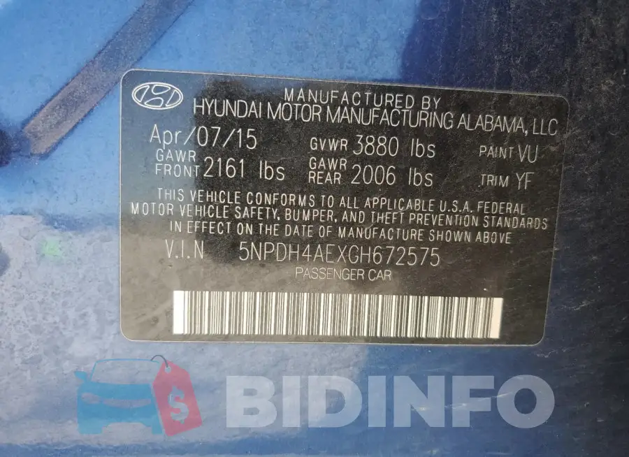 5NPDH4AEXGH672575 Photo# 12