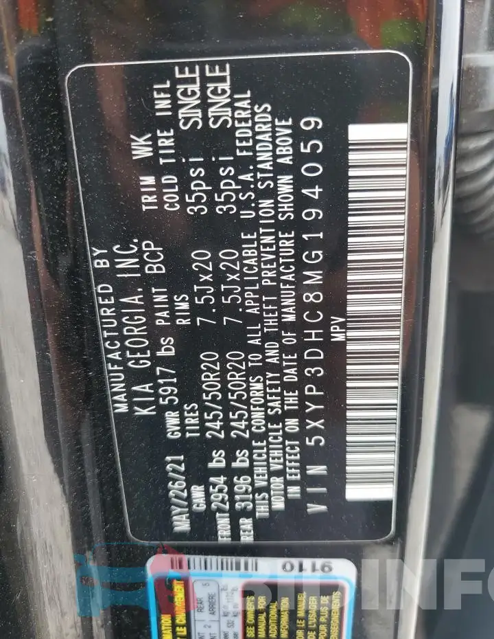 5XYP3DHC8MG194059 Photo# 14
