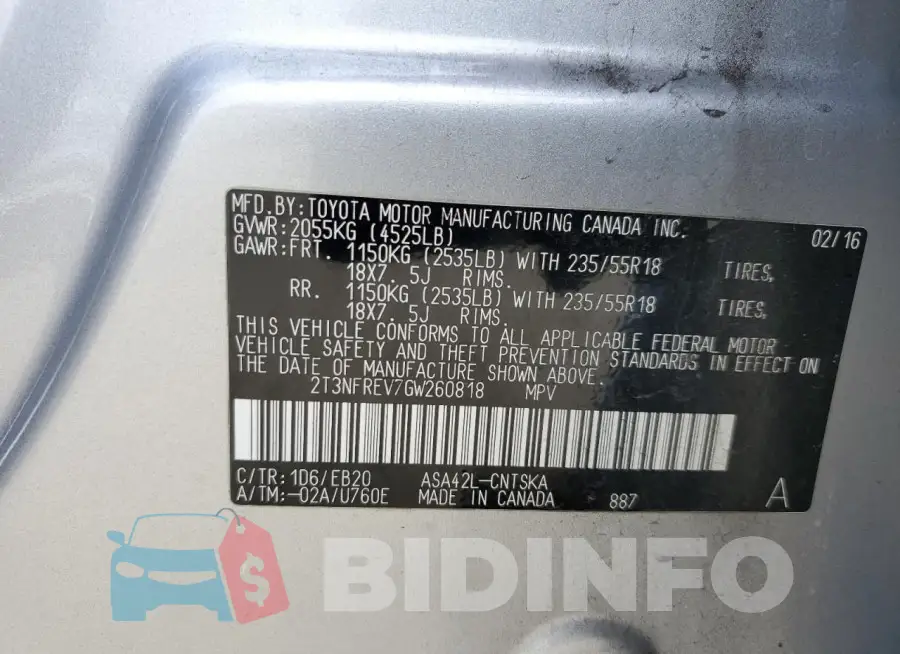 2T3NFREV7GW260818 Photo# 12