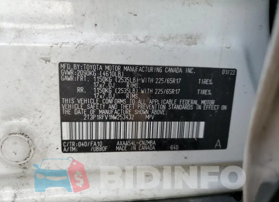 2T3P1RFV1NW253432 Photo# 13
