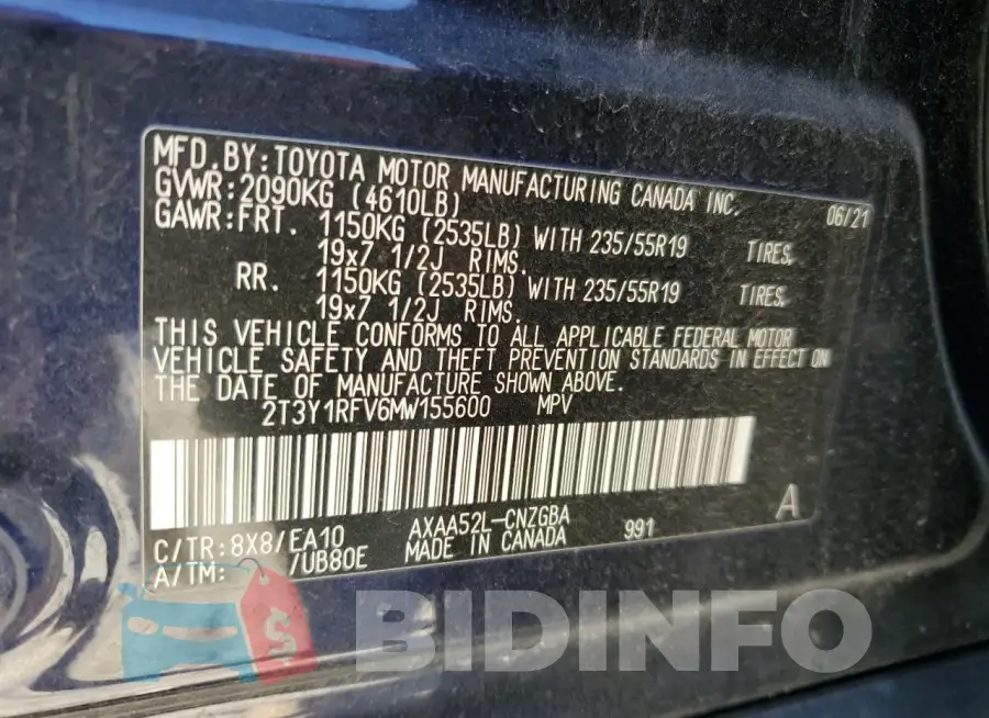 2T3Y1RFV6MW155600 Photo# 13