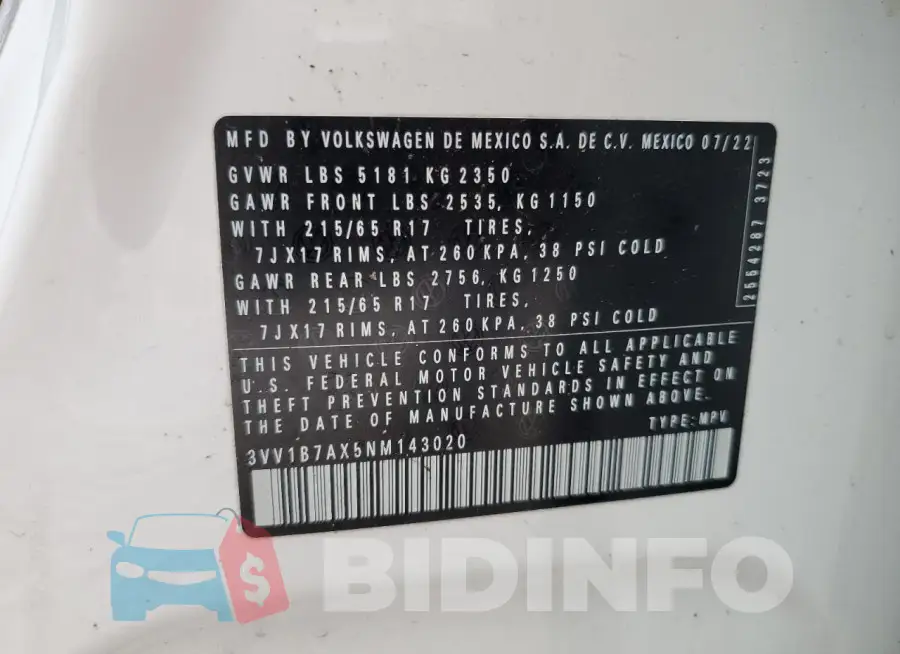 3VV1B7AX5NM143020 Photo# 13
