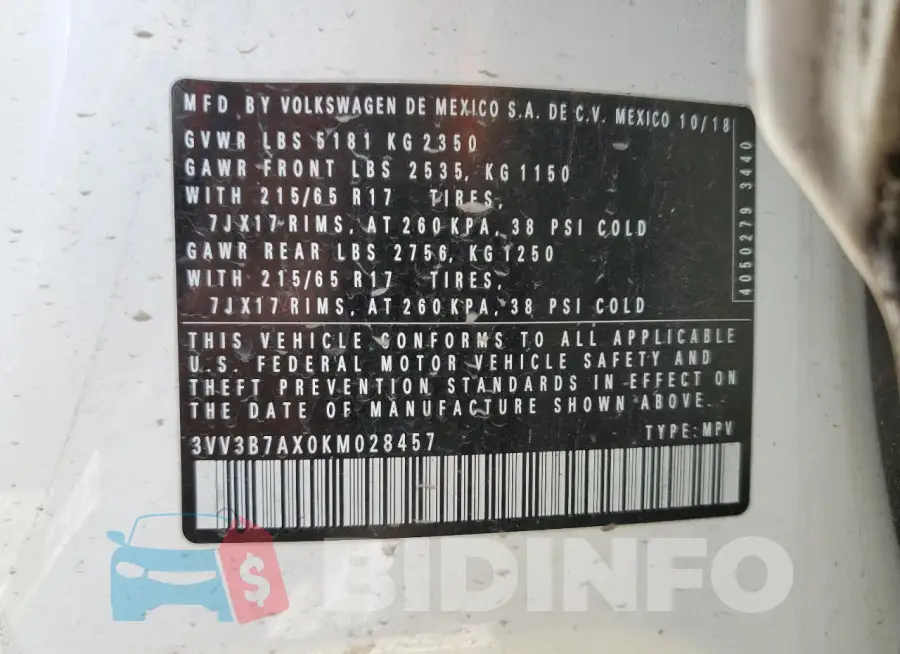 3VV3B7AX0KM028457 Photo# 13