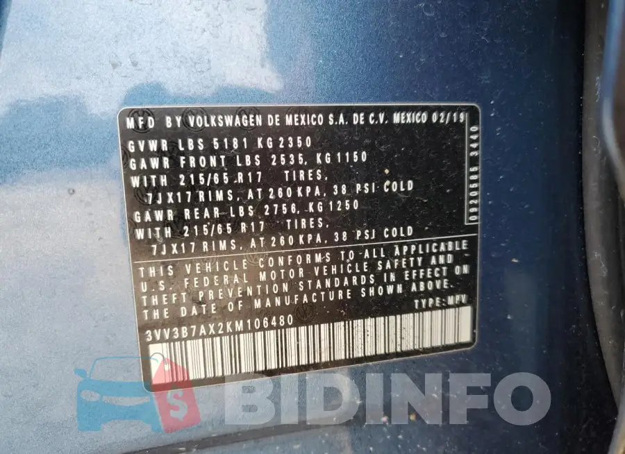 3VV3B7AX2KM106480 Photo# 13
