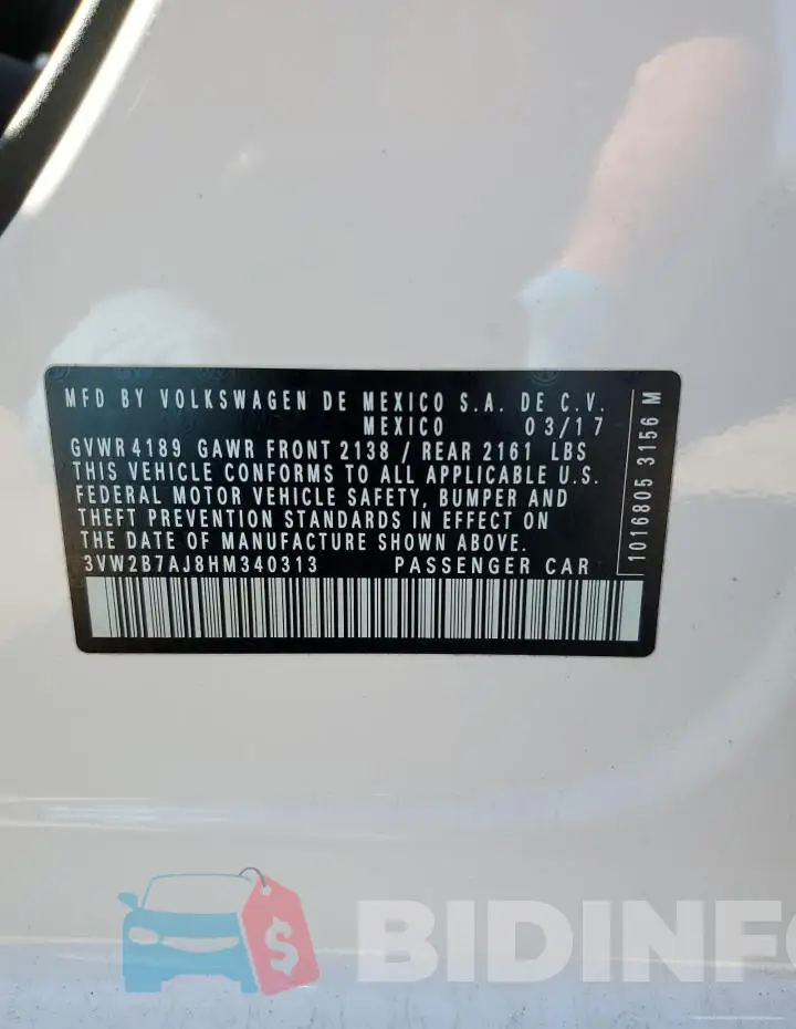 3VW2B7AJ8HM340313 Photo# 12