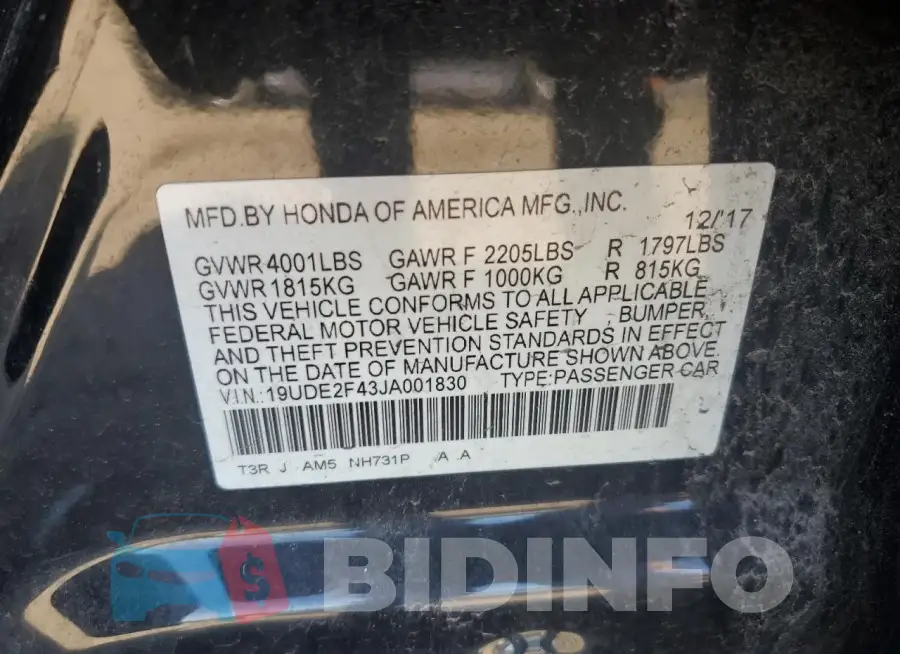 19UDE2F43JA001830 Photo# 12