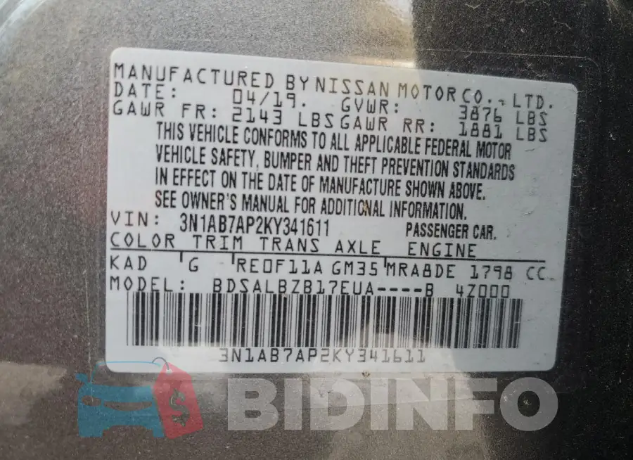 3N1AB7AP2KY341611 Photo# 12