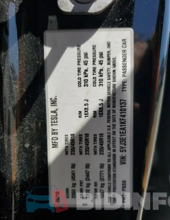 5YJ3E1EA1KF410137 Photo# 12
