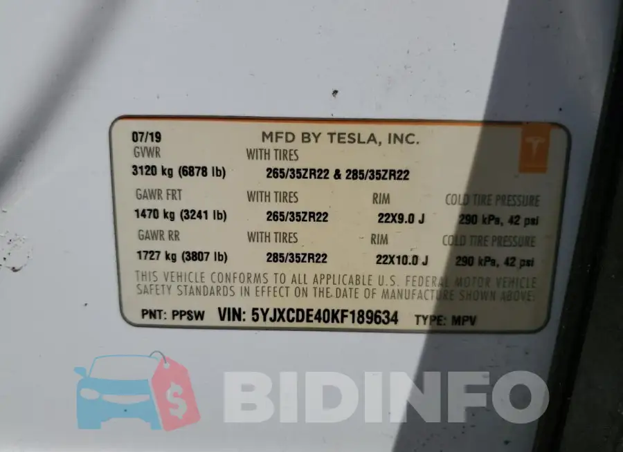 5YJXCDE40KF189634 Photo# 14