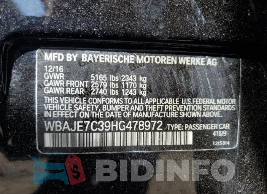WBAJE7C39HG478972 Photo# 12