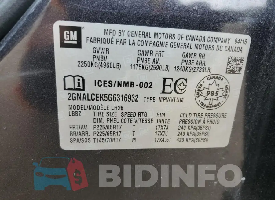 2GNALCEK5G6316932 Photo# 13